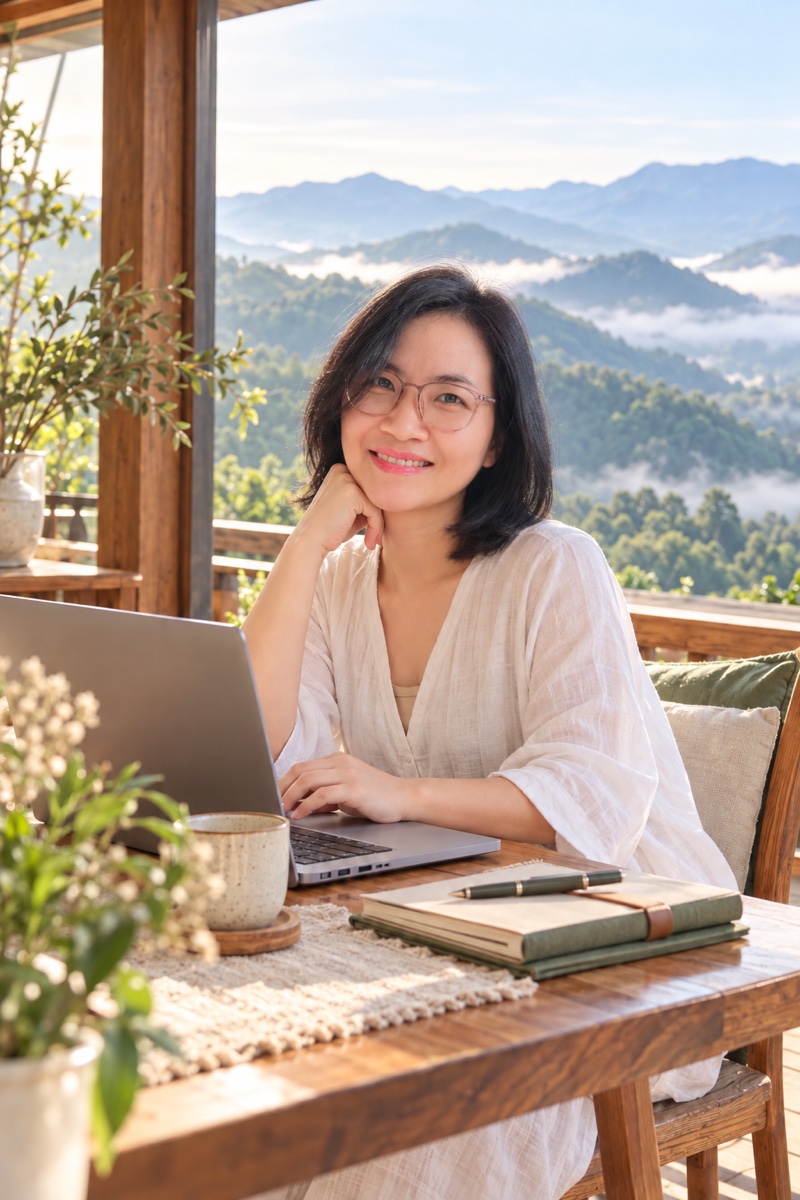 Hình minh hoạ: Tuyết ngồi bên laptop, phía sau là núi đồi và mây